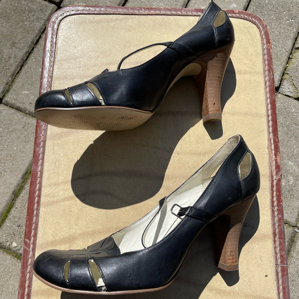 Office Black Leather and Tan Strap Heels